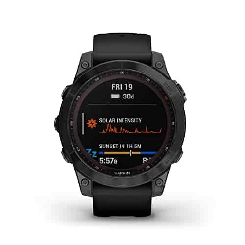 Garmin fenix 7 Sapphire Solar, adventure smartwatch, with Solar Charging Capabilities, rugged outdoor watch with GPS, touchscreen, health and wellness features, black DLC titanium with black band
