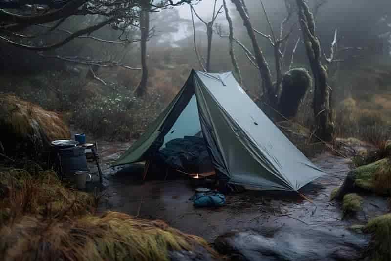 Waterproof tent in heavy rain with door open
